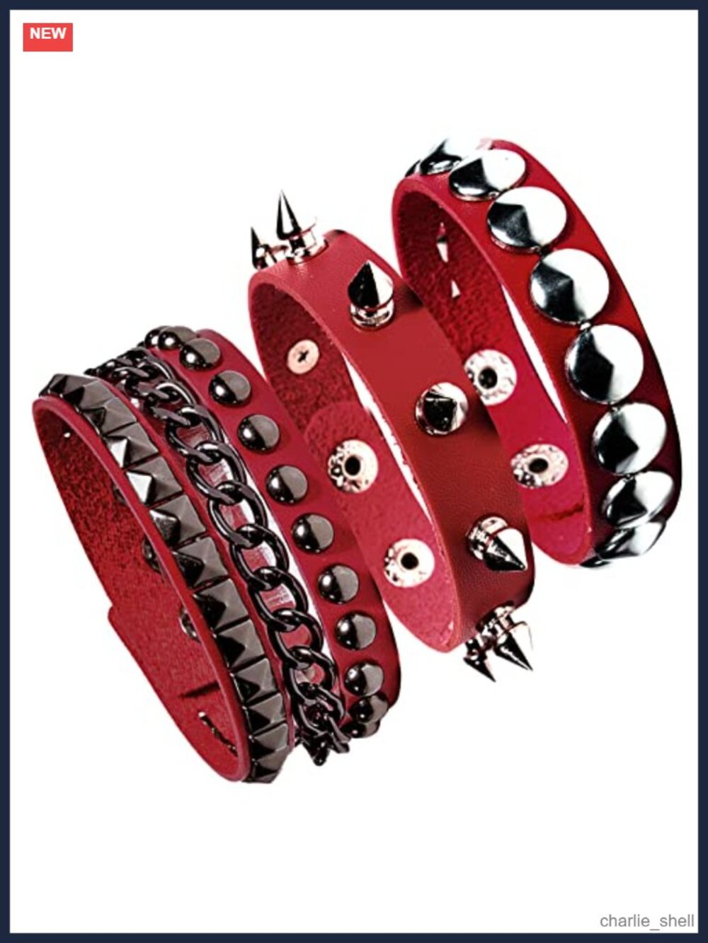 3 Pcs PU Leather Cuff Bracelets Punk Rivet Spike Chain Adjustable